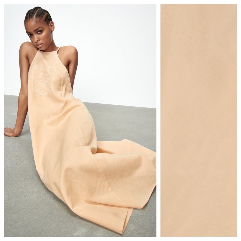 NWT. Zara Beige-Pink/Peach Linen Blend Embroidered Midi Dress. Size M. - Picture 2 of 12